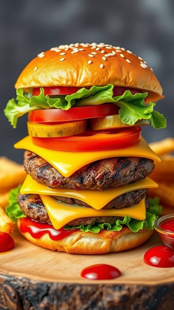 A delicious cheeseburger with lettuce, tomato, cheese, and pickles on a toasted bun, served with fries.